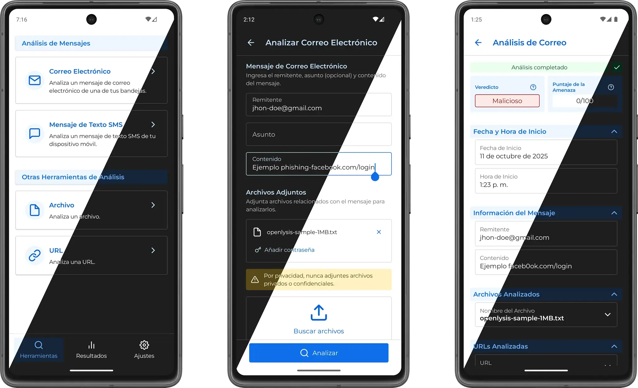 Tres pantallas de una aplicación de Android mostrando las herramientas y resultados de análisis de Openlysis.